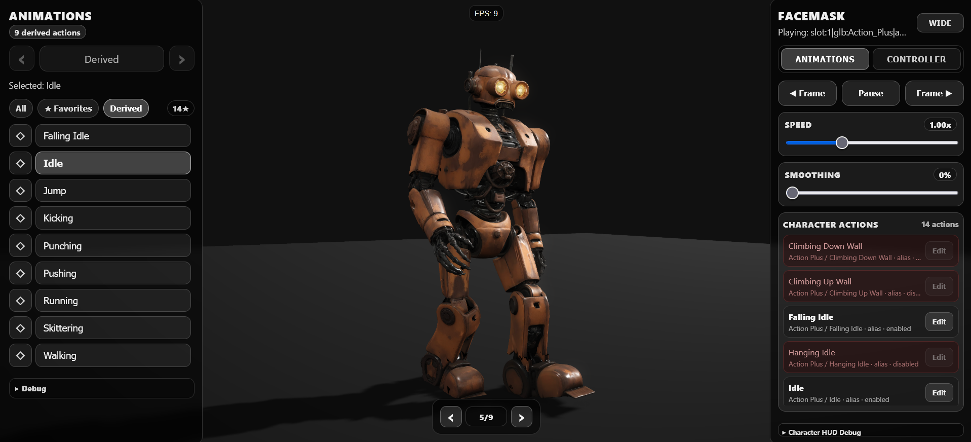 Robot character lineup in an animation lab preview